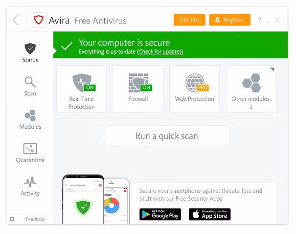 Avira Free Antivirus screen