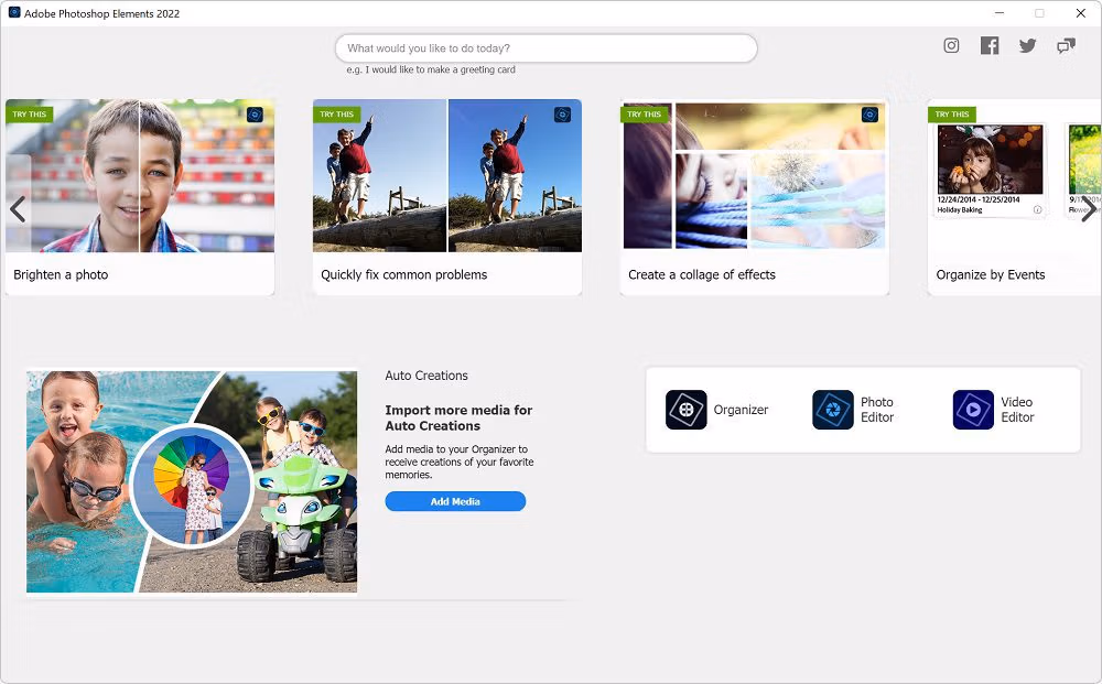 Adobe Photoshop Elements 2022 Home Screen