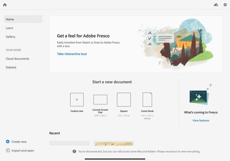 Adobe Fresco home screen