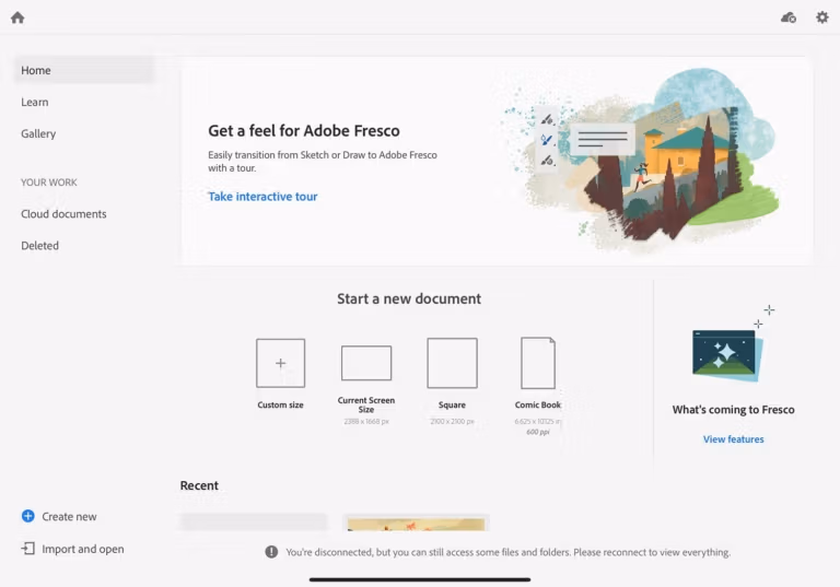 Adobe Fresco home screen