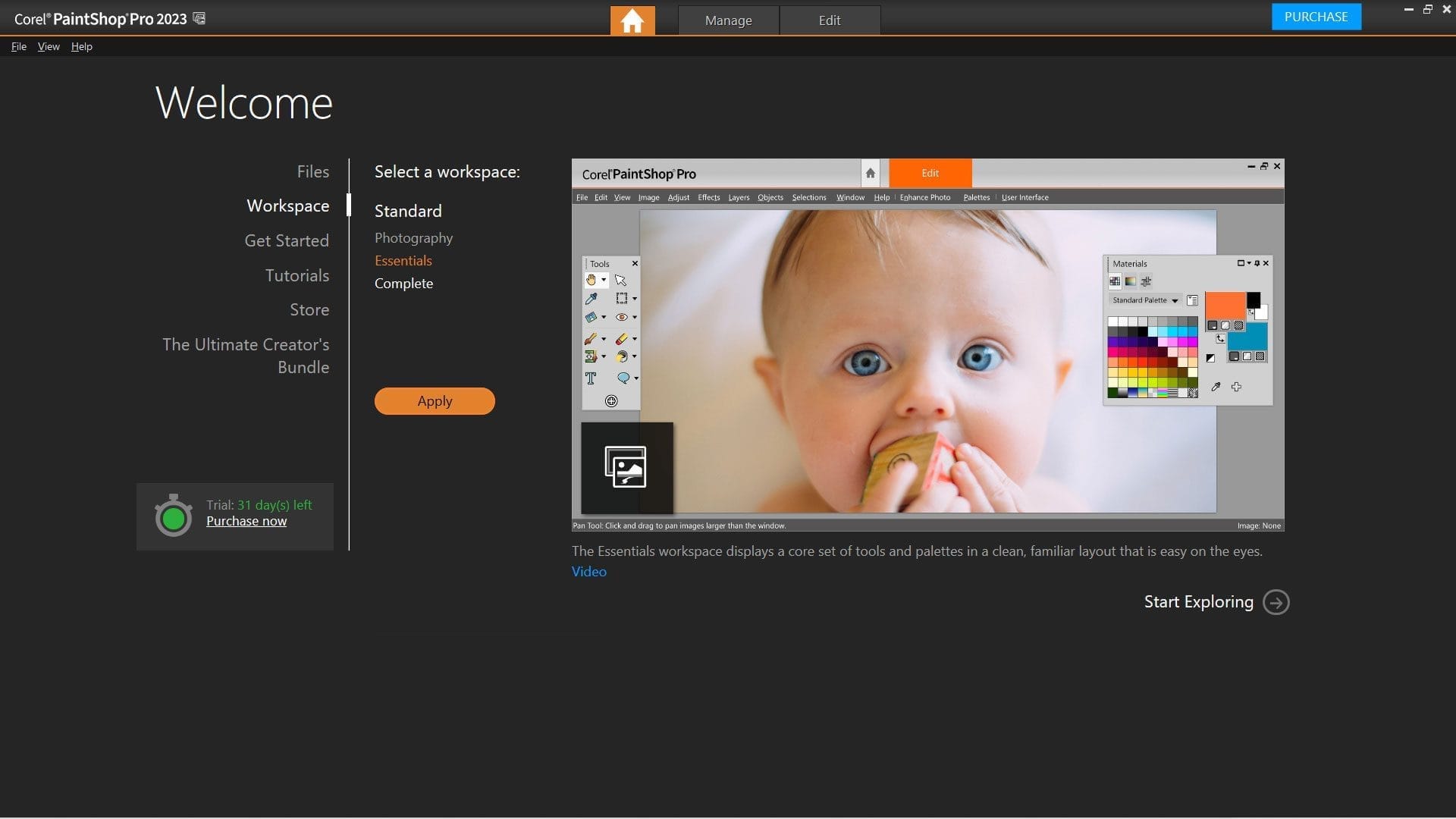 Corel PaintShop Pro 2023 Welcome screen