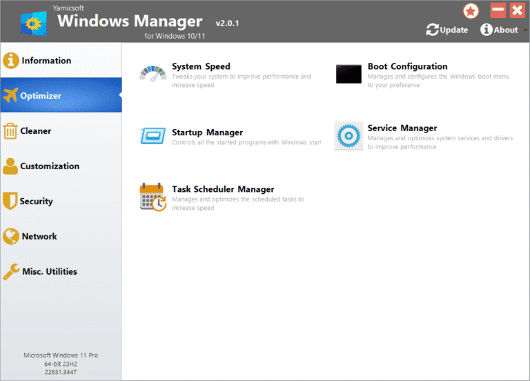 Windows 10 Manager Interface Optimizer Window