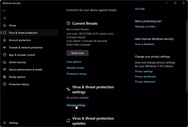Manage settings