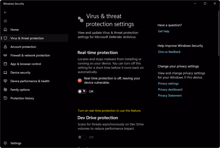 Turn off real-time protection