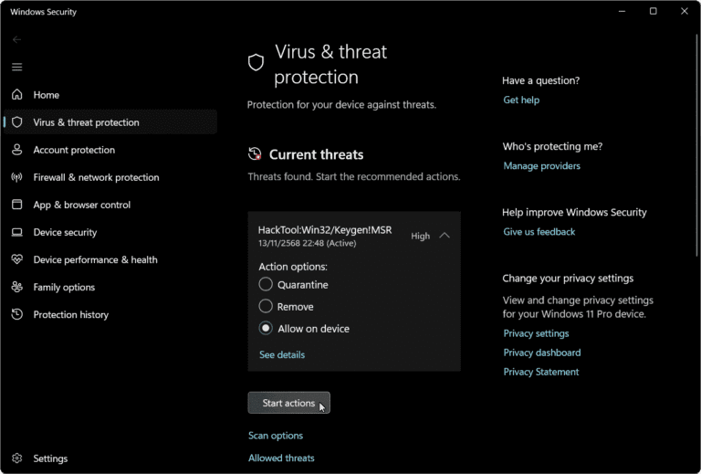 Windows Security Allow on device