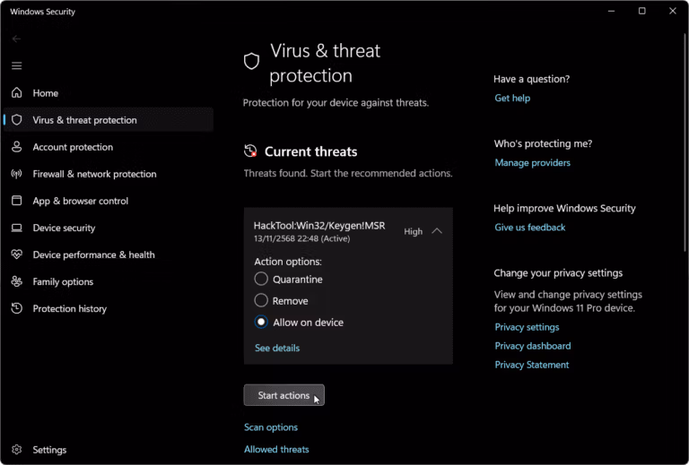 Windows Security Allow on device