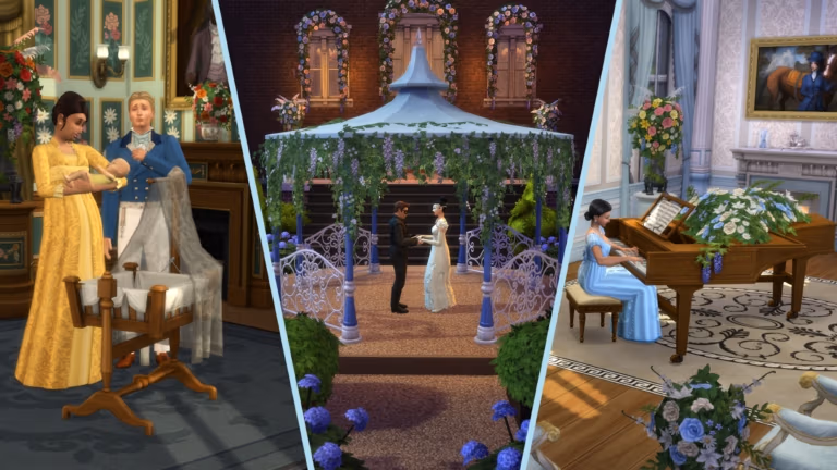 Three-panel screenshot from The Sims 4 showing a family with a cradle, a couple in a floral gazebo, and a Sim playing a decorated piano.