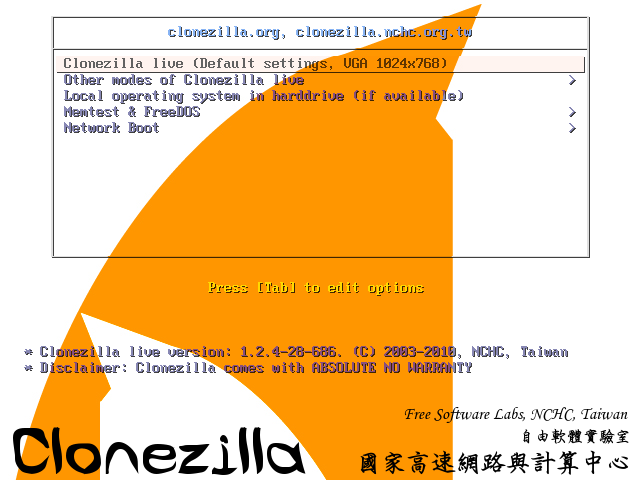 Boot menu of Clonezilla Live