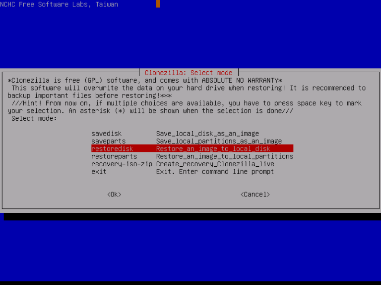 Choices to save or restore partition disk in clonezilla