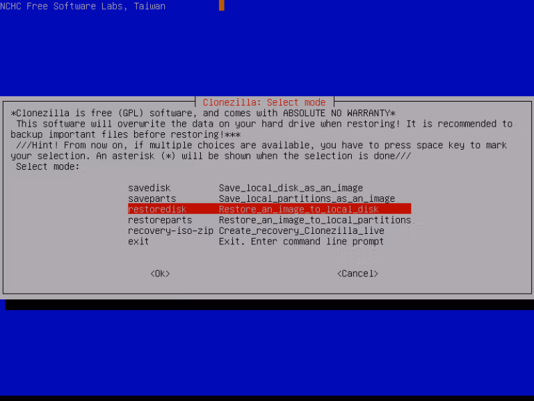 Choices to save or restore partition disk in clonezilla