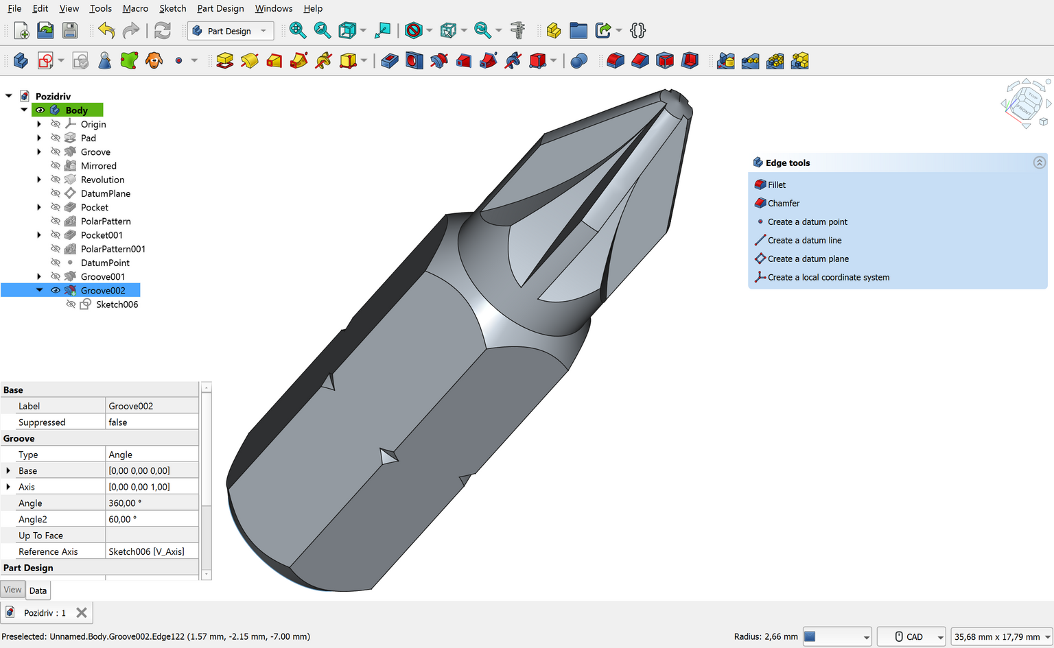 FreeCAD PartDesign 3D modeling interface