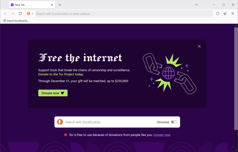 Tor Browser main interface and new tab screen